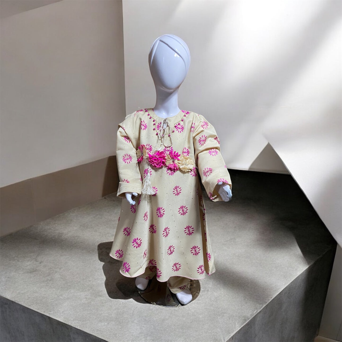 Beautiful Khadi (winter fabric)beige and pink frock with trouser