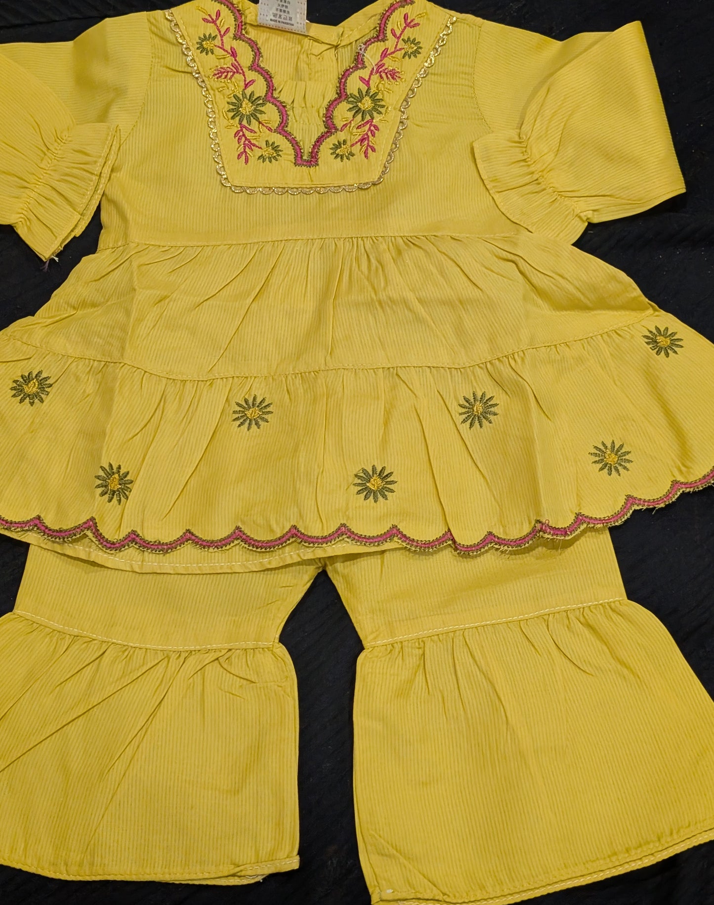 Infant cotton embroidered yellow frock with gharara style pants