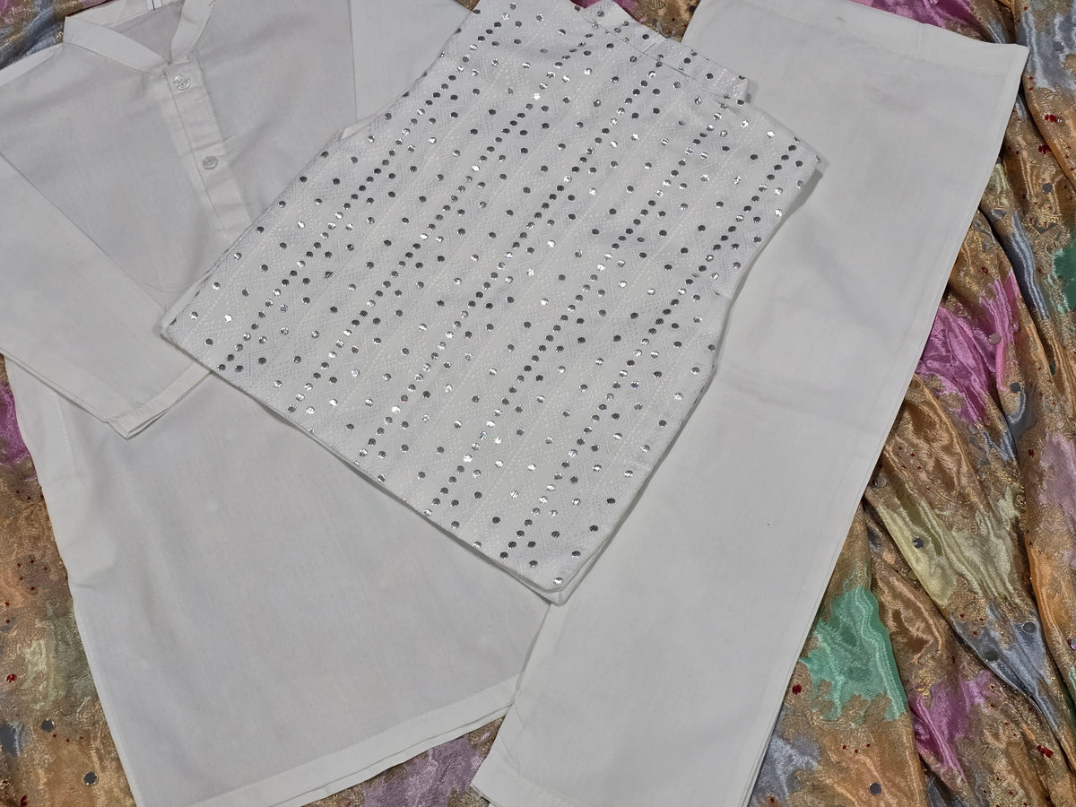 Boys white cotton kurta pyajama with jamawar waistcoat