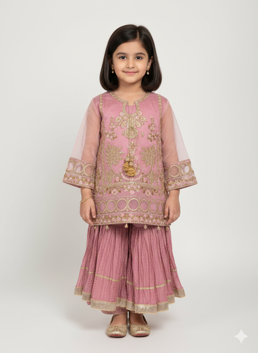 Girls' full embroidered short shirt with matching crushed gharara and net dupatta