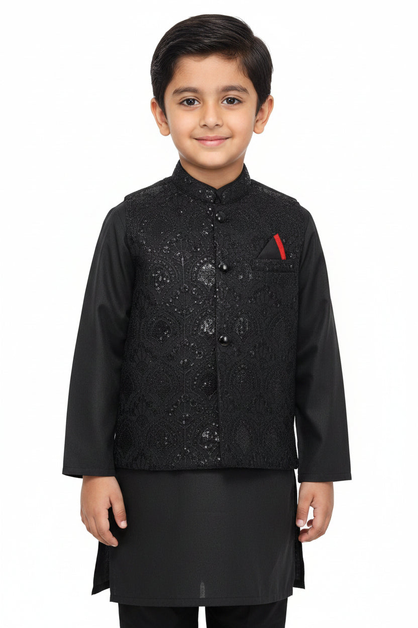 Boys Black Kurta pajama with embroidered and sequence work matching Waistcoat