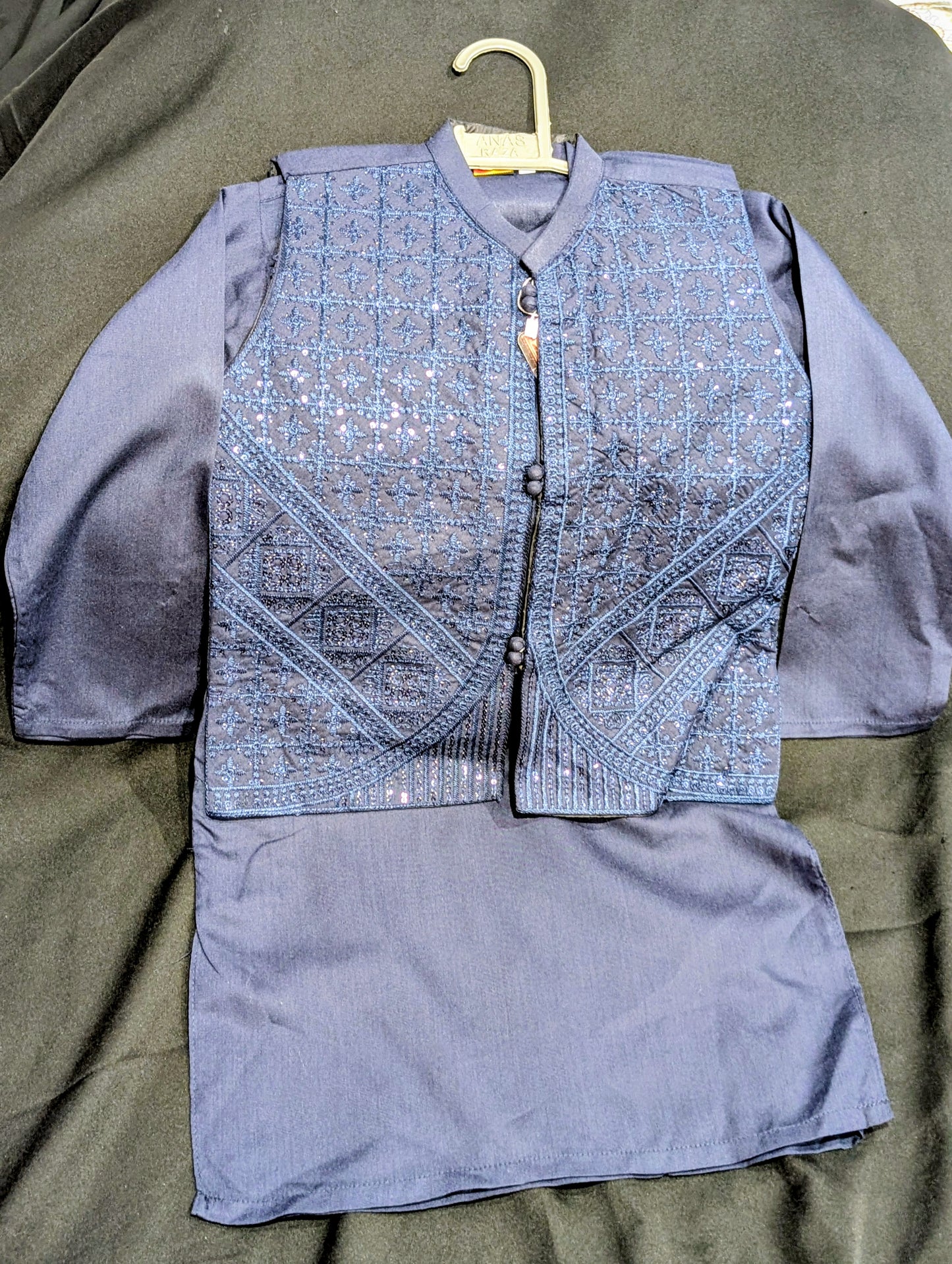 Boys' dusty blue kurta pyjama with a sequence work waistcoat