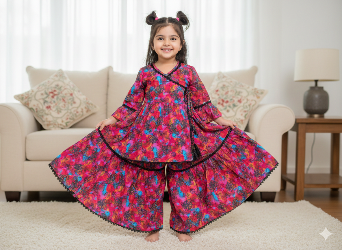 Girls lawn frock with matching gharara pants