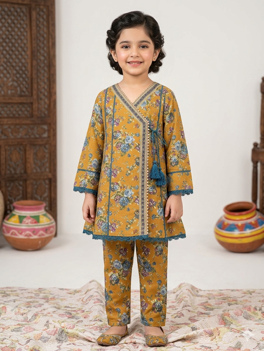 Girls mustard-yellow cord set with a floral print, featuring an angrkha style tunic with tassel and matching straight-cut trousers (binsaed kids collection)