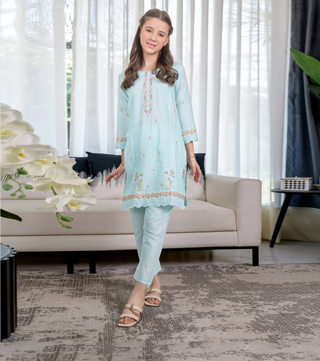 Girls light turquoise fully embroidered lawn kurta with matching trouser