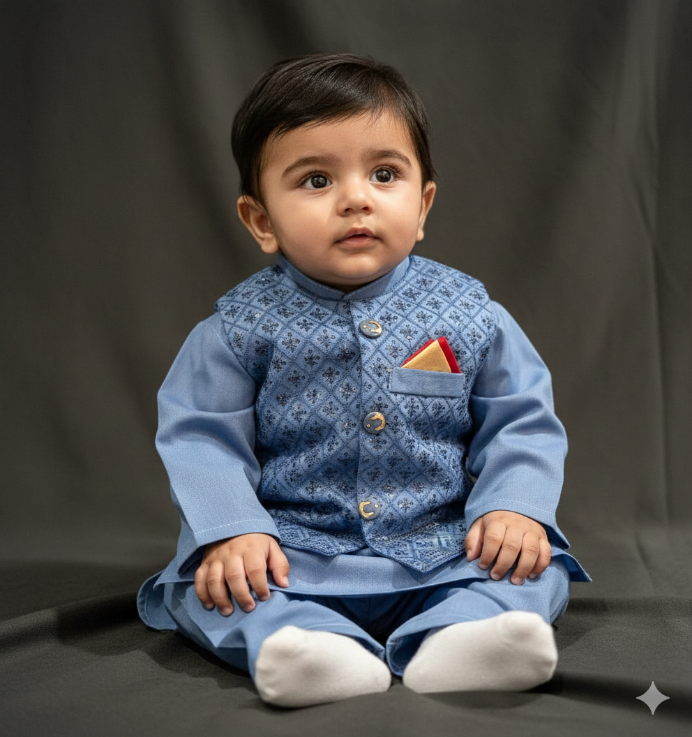Boys' dusty blue cotton kurta pajama set with a sequence work waistcoat (normal quality).