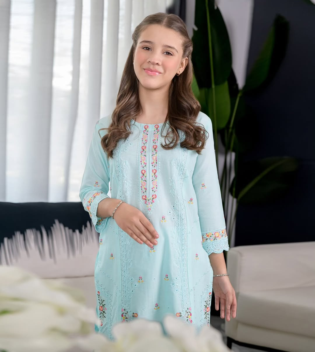 Girls light turquoise fully embroidered lawn kurta with matching trouser