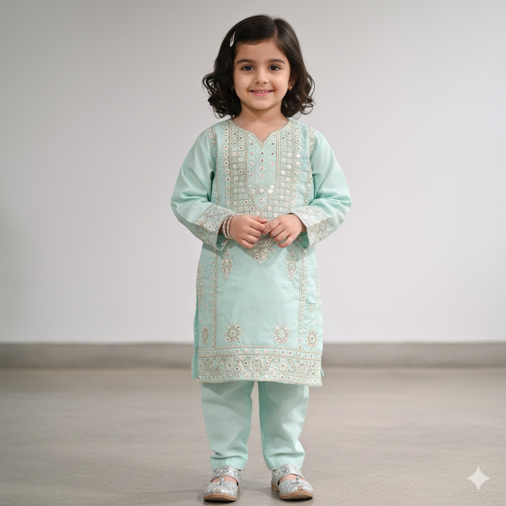 Girls cotton kurta with a matching embroidered pattern and matching pants.