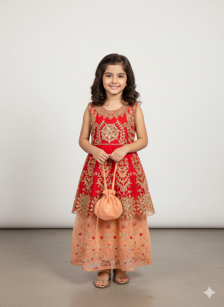 Girls frock and sharara set with matching pouch