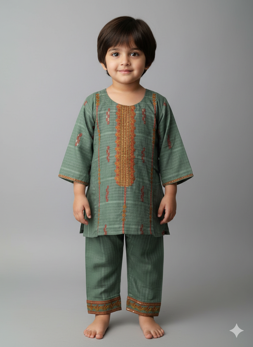 Girls cotton embroidered airline kurta with pants