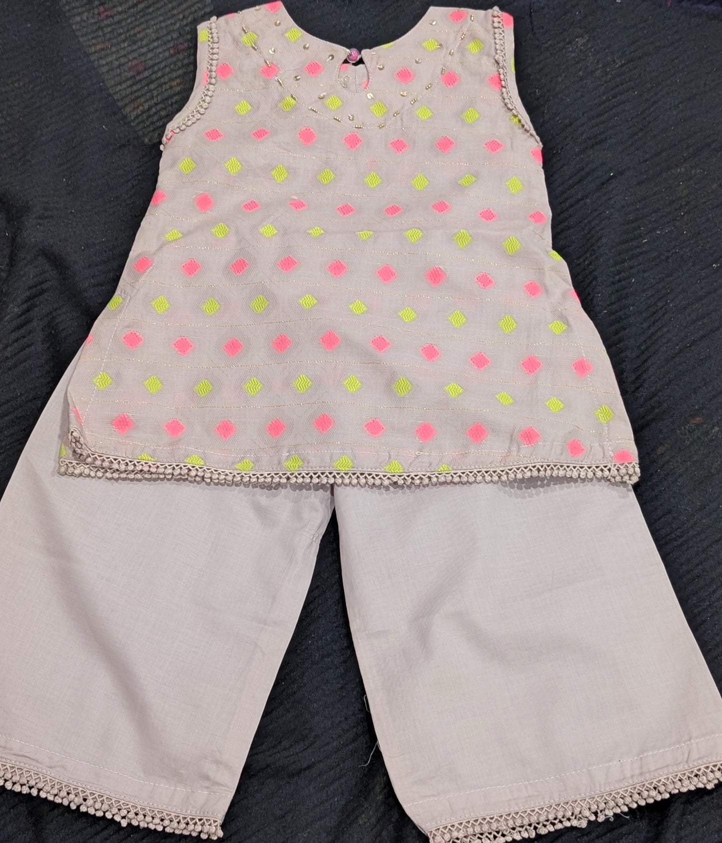 Infant lawn sleeveless tunic kurta and matching wide-leg trousers with pink and lime green diamond patterns