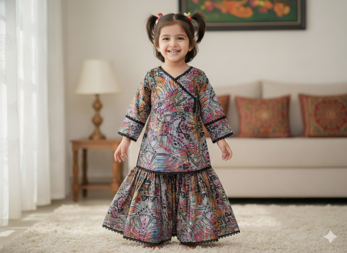 Girls lawn printed frock with matching gharara style pants