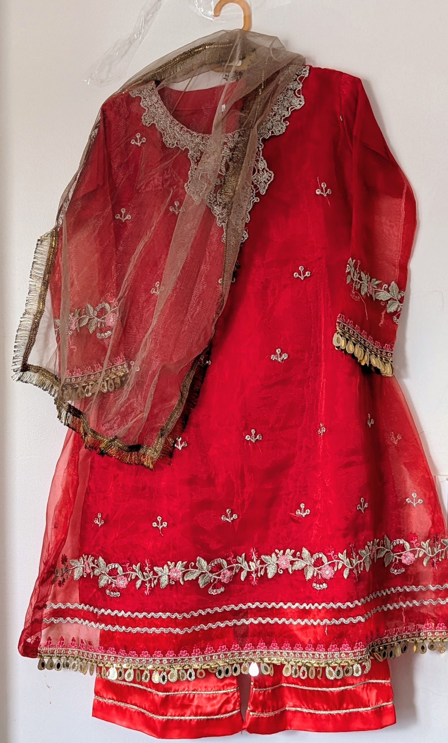 Girls vibrant red embroidered organza long frock with straight silk trouser and gold net duapatta