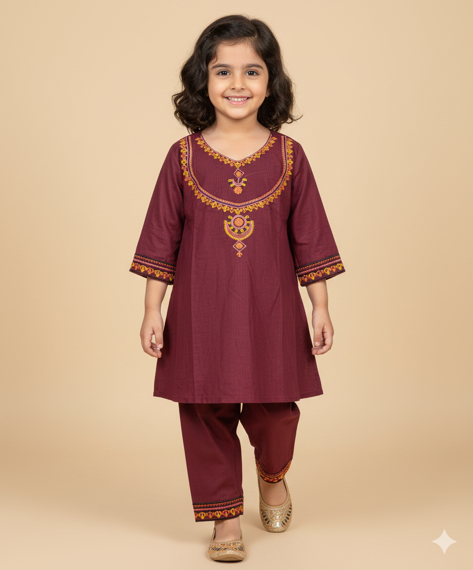 Girls cotton embroidered frock with matching pants
