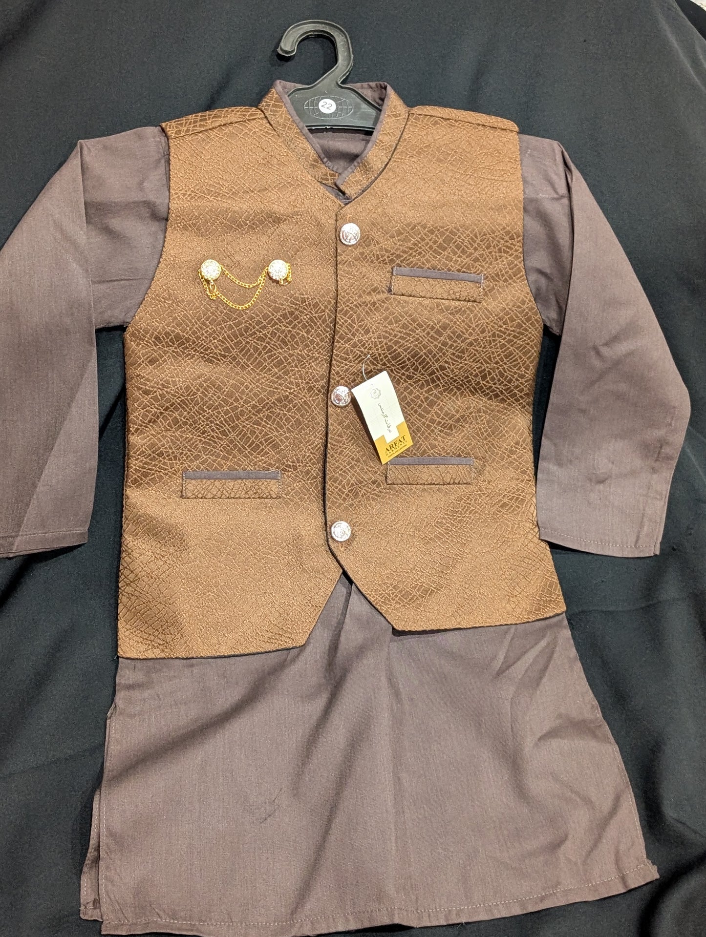 Boys' chocolate brown kurta pajama set with a matching patterned waistcoat.