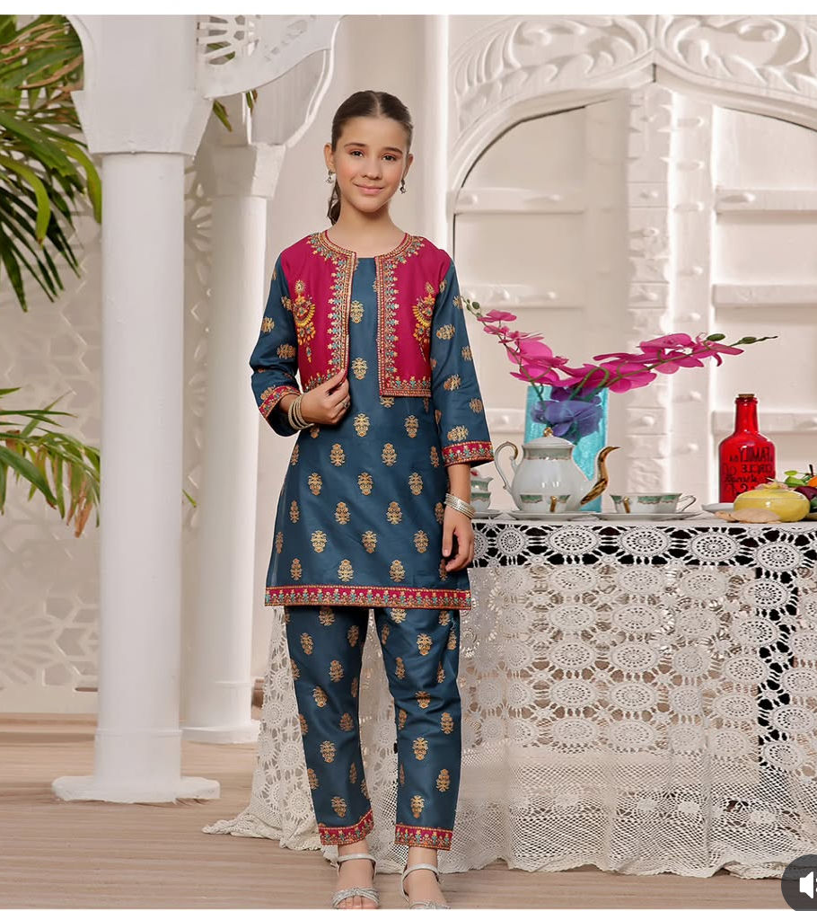 Girls royal blue kurta trouser with fully embroidered waistcoat