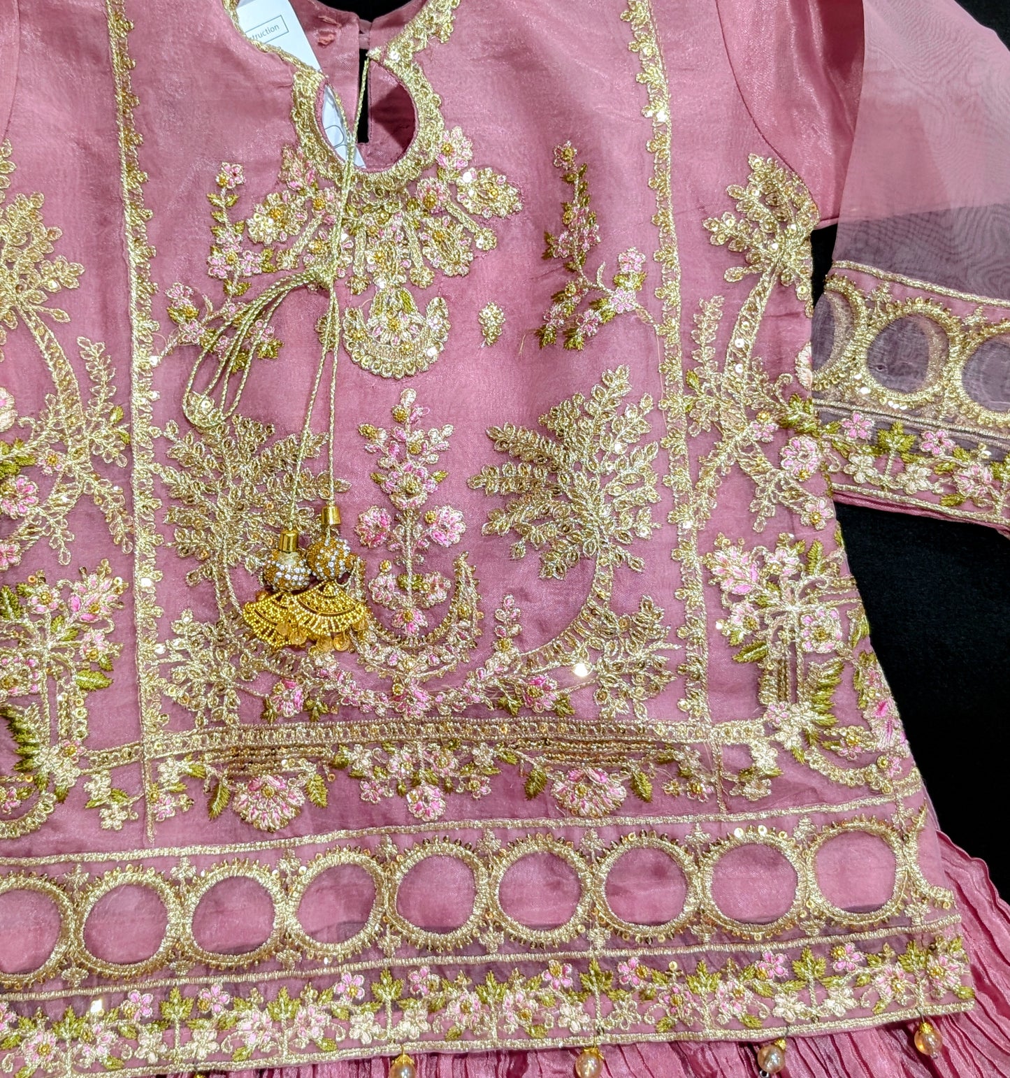 Girls' full embroidered short shirt with matching crushed gharara and net dupatta