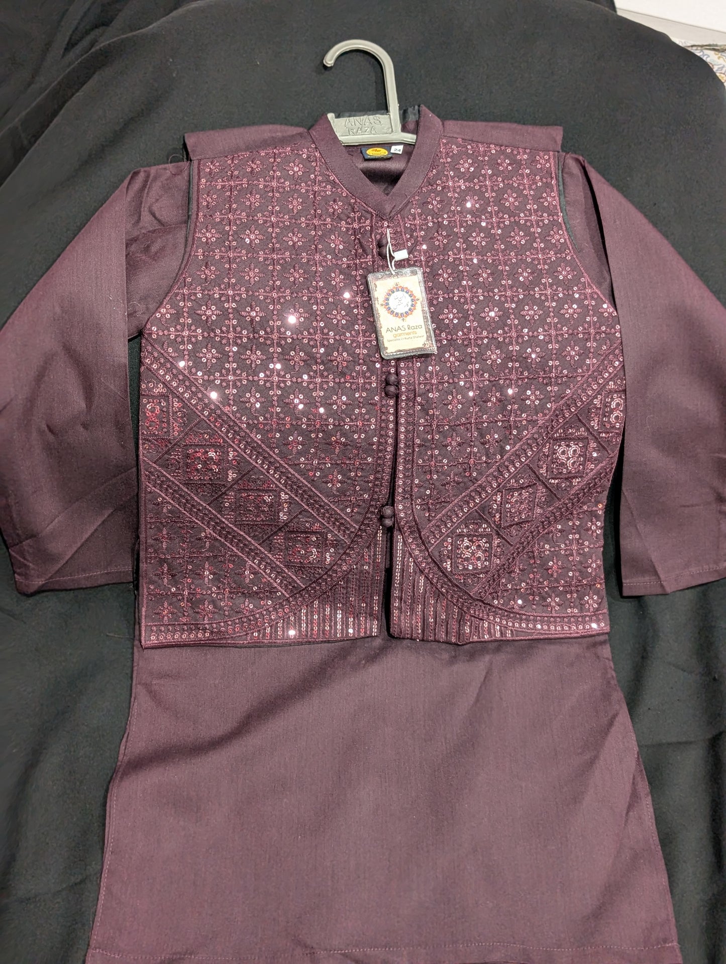 Boys burgundy kurta pajama set with a sequence work waistcoat