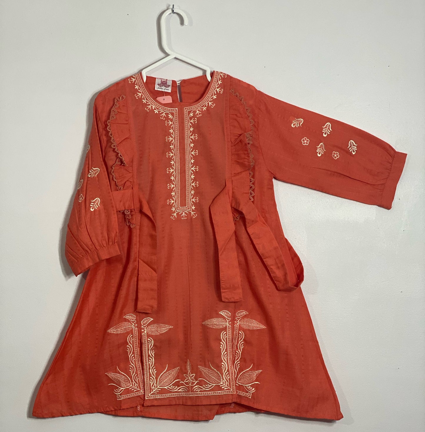 Red Orange soft cotton embroided frock style shirt with white stylist pants