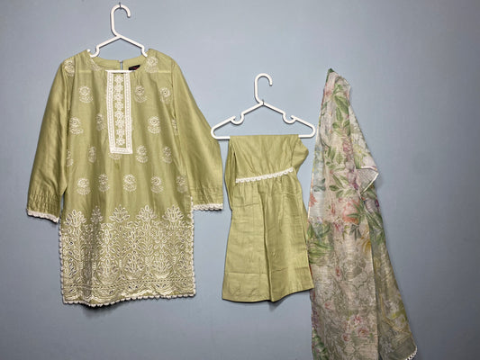 Light green chicken Kari kurta with matching gharara and beautiful printed dupatta(lawn)