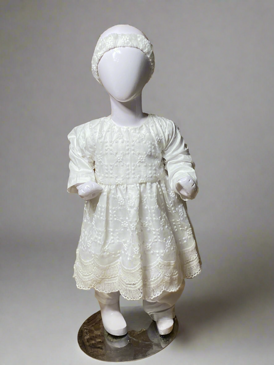 White embroidered frock with matching headband