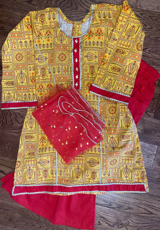 Yellow shirt with plain red trouser & red dupatta bordered with beads