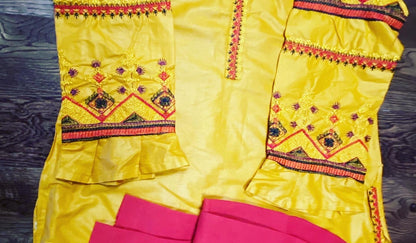 Yellow embroidered shirt with mix and match red trouser