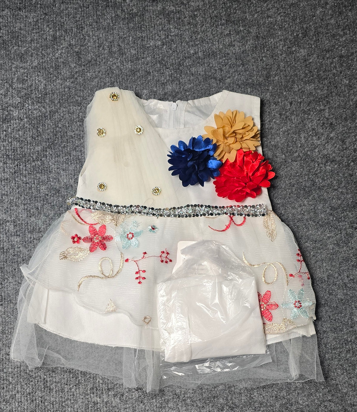 Festive Ivory Tulle Dress with Triple Flower Accents