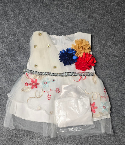 Festive Ivory Tulle Dress with Triple Flower Accents