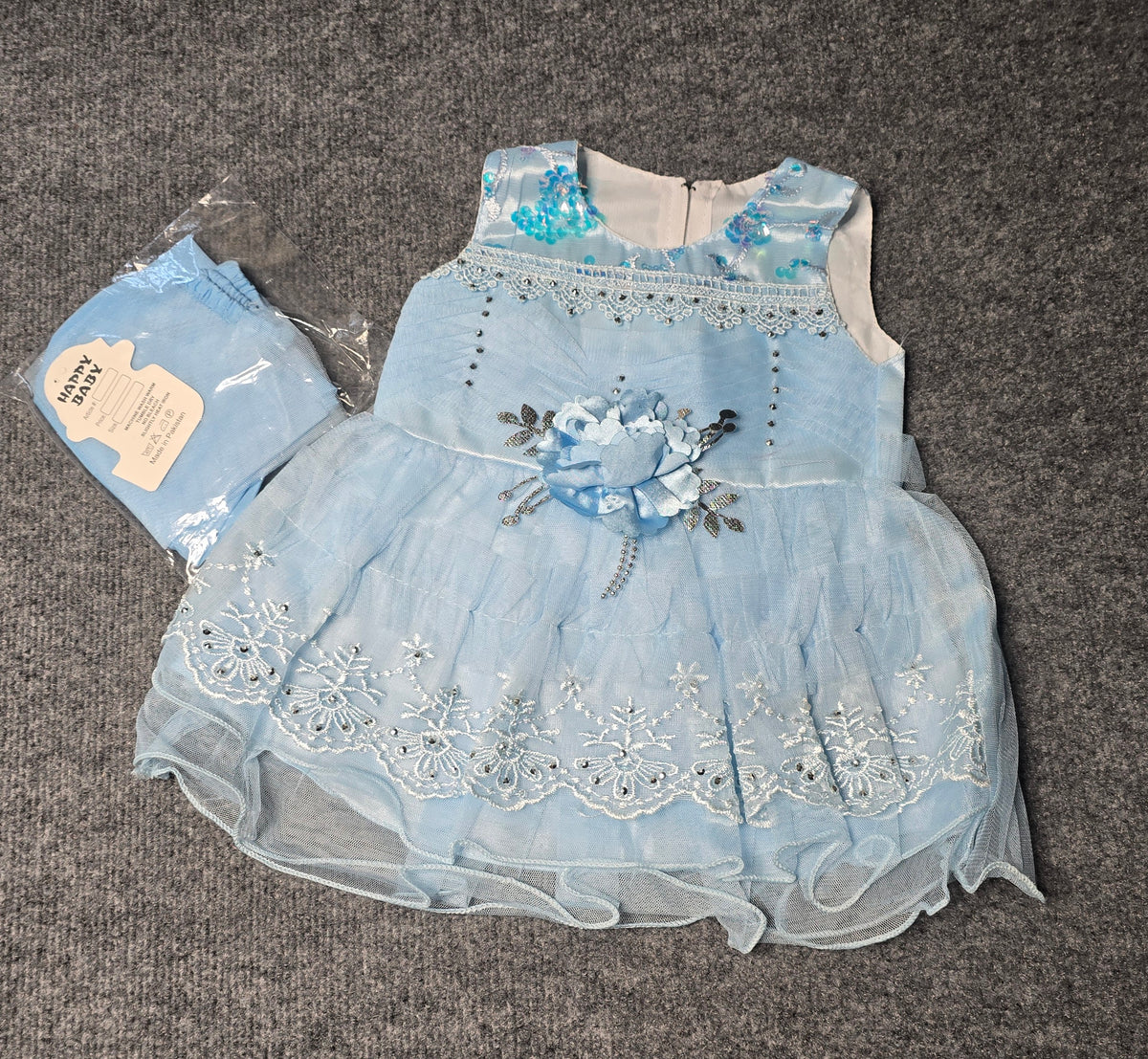 Baby Girl Floral Applique & Rhinestone Tulle Dress Set - Light Blue