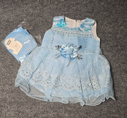Baby Girl Floral Applique & Rhinestone Tulle Dress Set - Light Blue