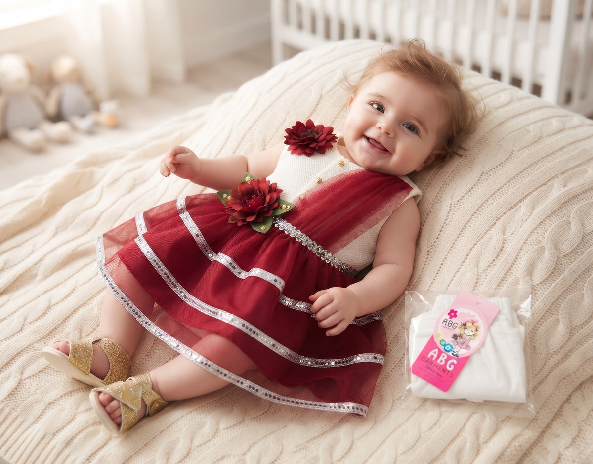 Baby Girls Elegant Red & White Party Frock Dress