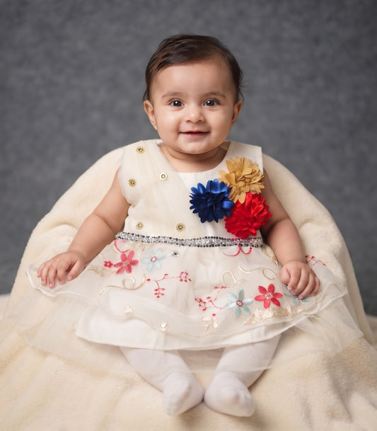 Festive Ivory Tulle Dress with Triple Flower Accents