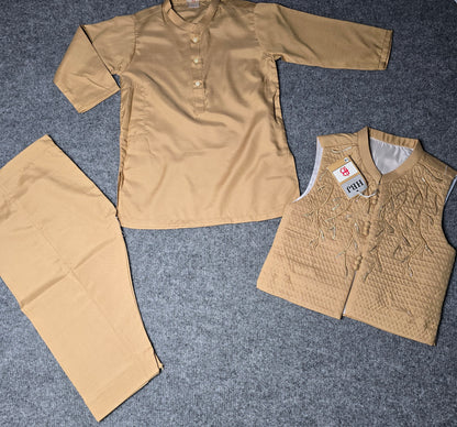 Boys Golden Ethnic Kurta, Waistcoat and shelwar Set
