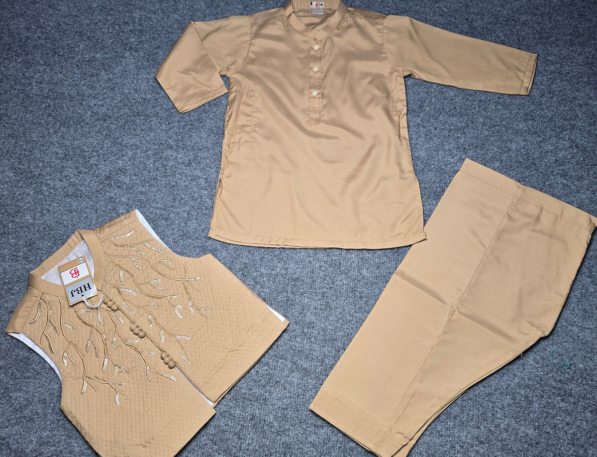 Boys Golden Ethnic Kurta, Waistcoat and shelwar Set