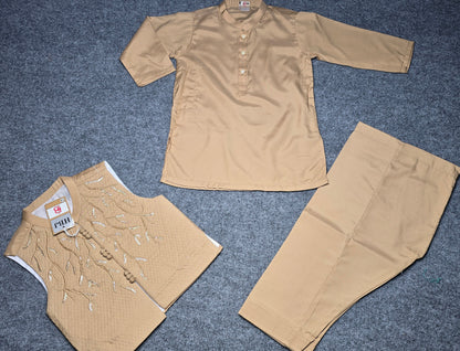 Boys Golden Ethnic Kurta, Waistcoat and shelwar Set