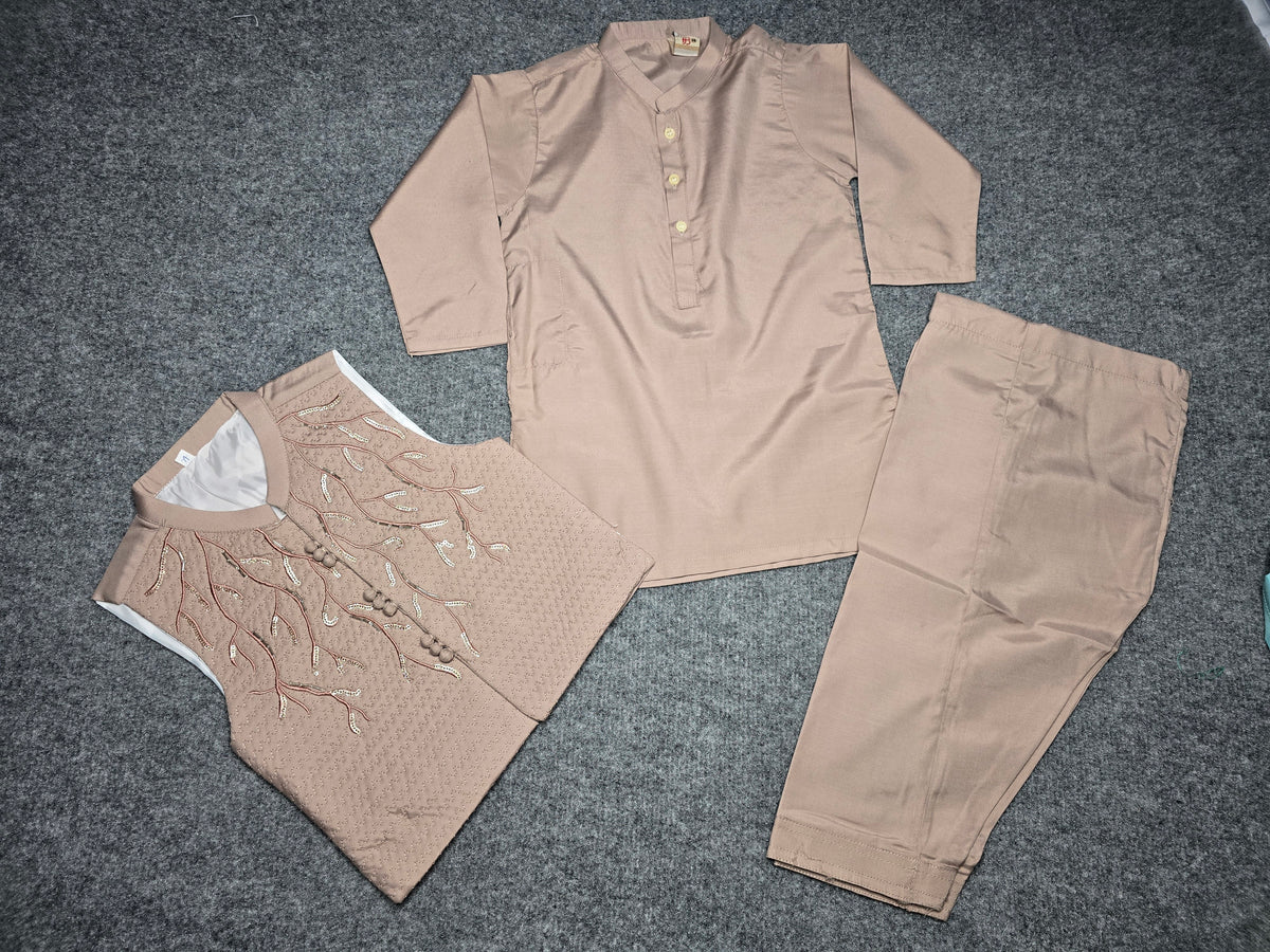 Classic Mauve Embroidered Waistcoat & Kurta Set for Boys
