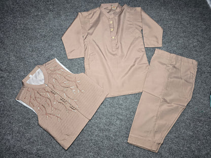 Classic Mauve Embroidered Waistcoat & Kurta Set for Boys