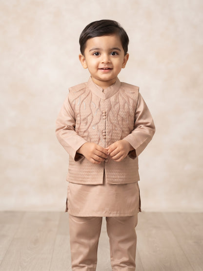 Classic Mauve Embroidered Waistcoat & Kurta Set for Boys
