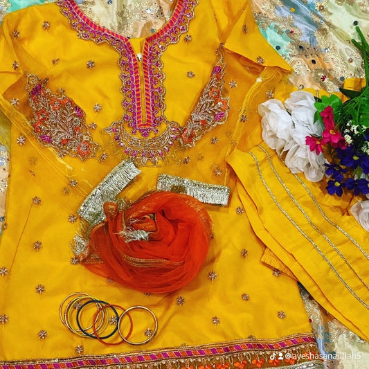 Embroidered Yellow 3 Piece Silk Suit