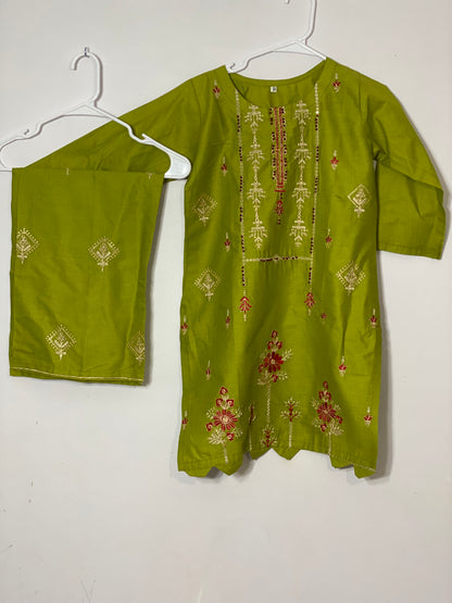 Girls doria cotton   embroided kurta with flapper style embroided trouser