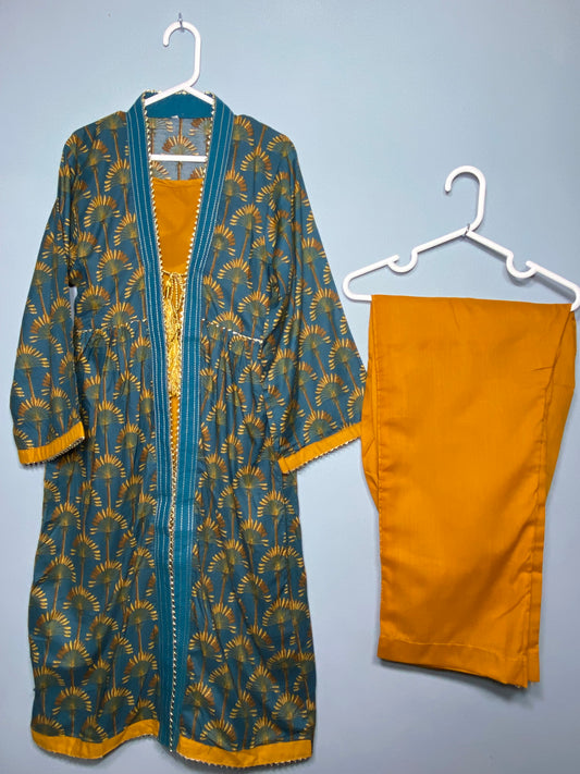 Beautiful lawn peacock blue and mustard print front open style frock with mix and match mustard cotton trouser