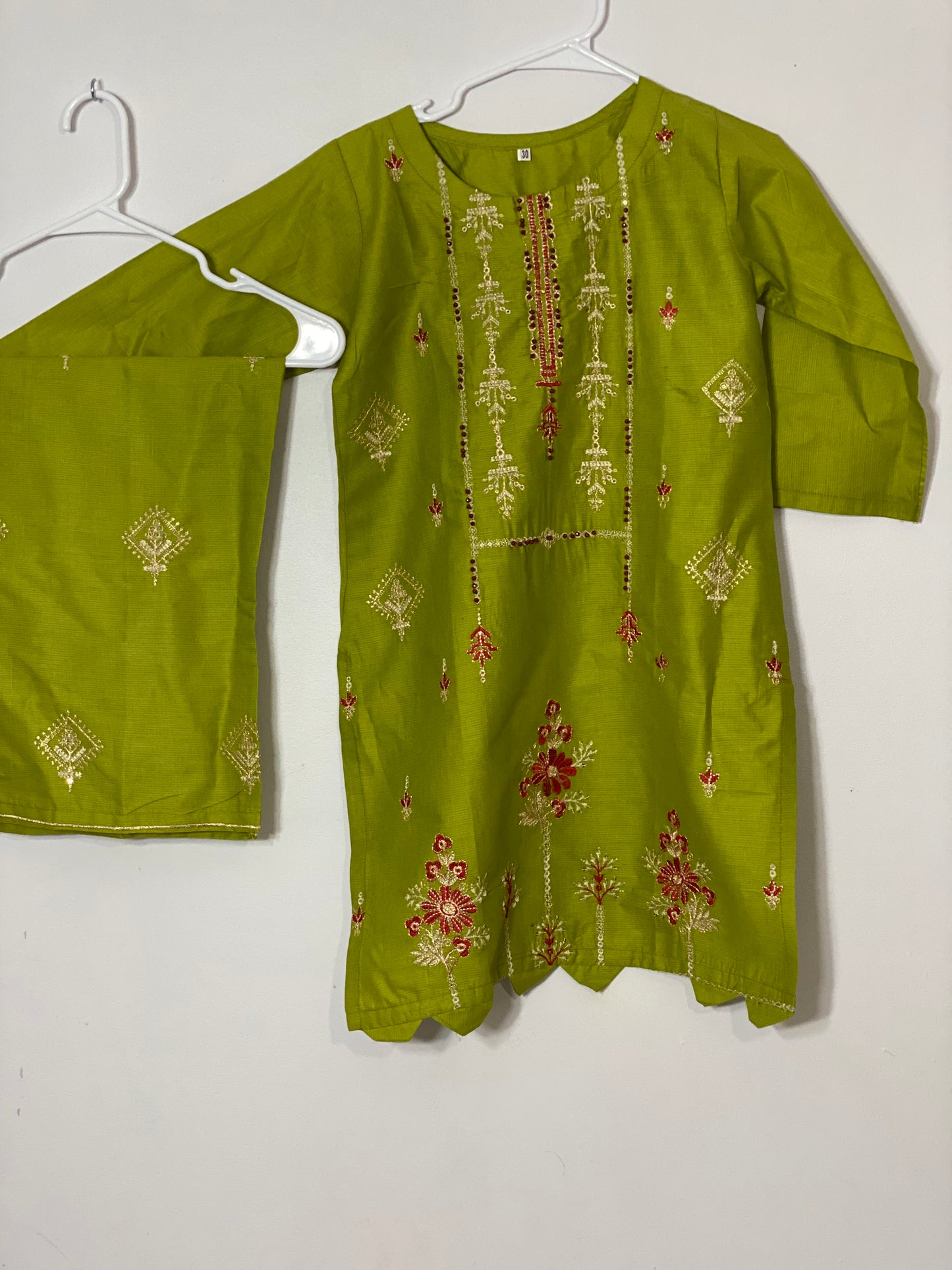 Girls doria cotton   embroided kurta with flapper style embroided trouser