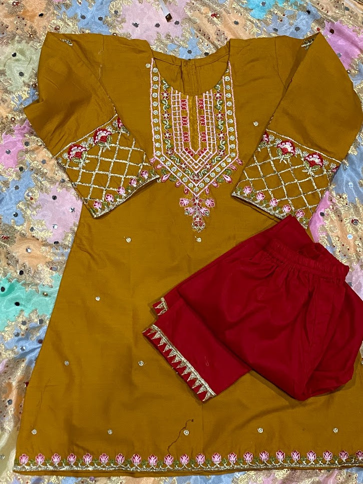 Embroidered Dark Beige A-line Kurta and Red Trouser