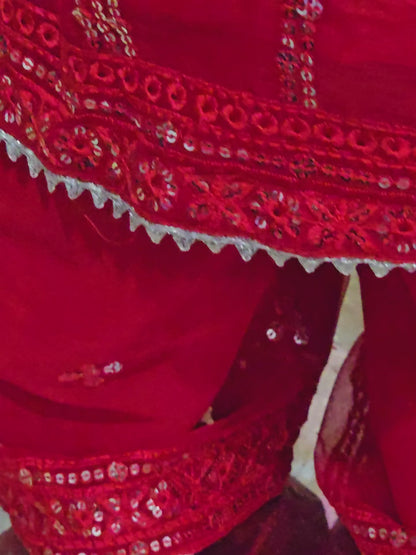 Girls Vibrant red  traditional kurta and pants set featuring intricate tonal embroidery, sequin work, and sheer sleeves.