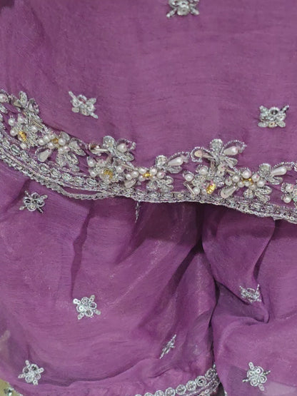 Girls Mauve Embroidered 3-Piece Set: Organza kurta with a pearl-beaded yoke, matching embroidered gharara  and a lightweight dupatta.