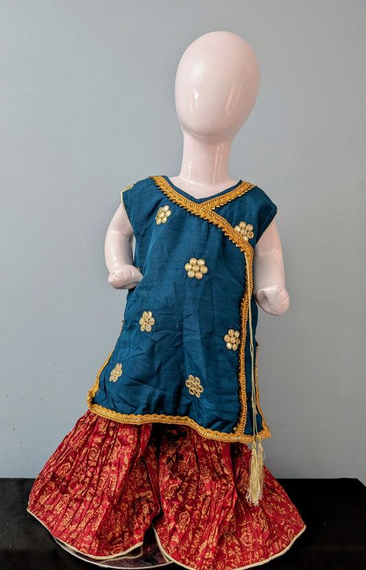 Girls dark teal and red contrast crushed gharara set (sleeves included but not attached)