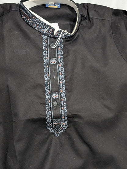 Boys' black neck embroidered kurta and matching pants