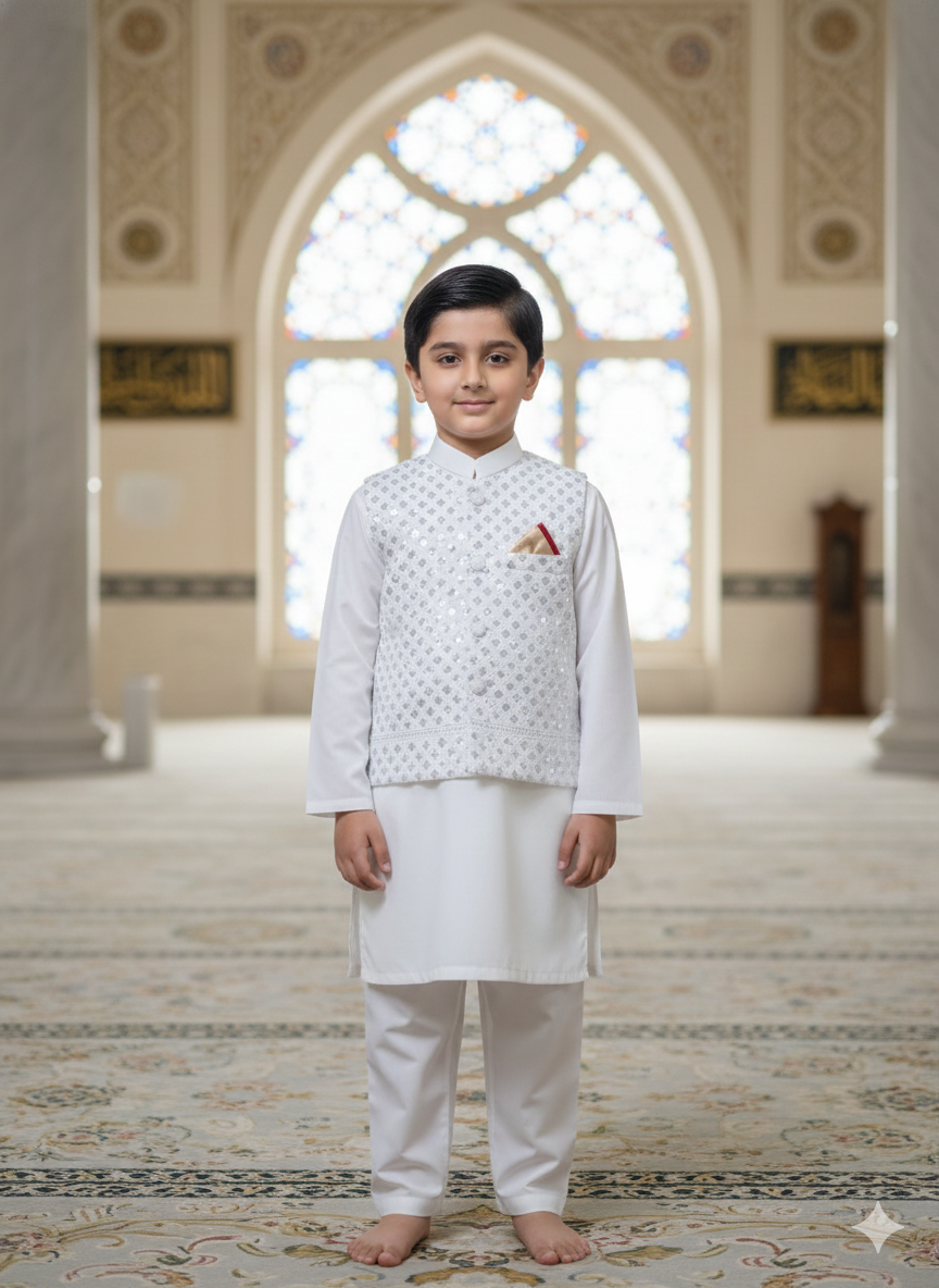 Boys' white kurta with matching pants and a silver embroidered waistcoat.