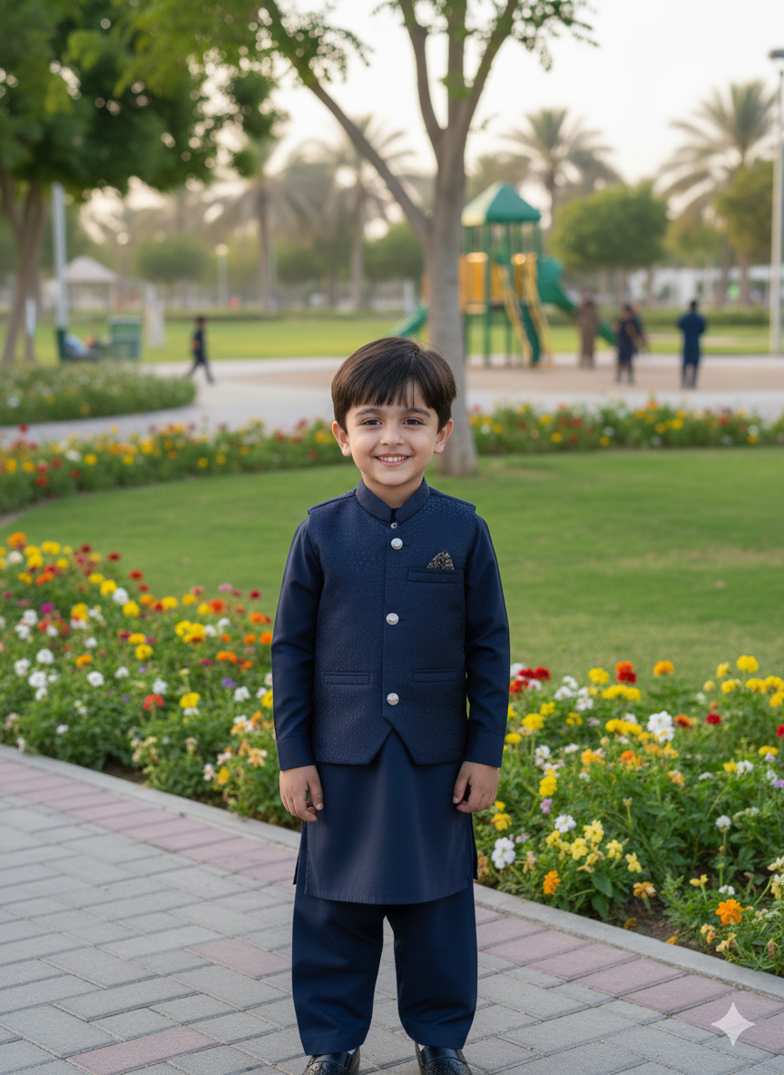 Boys' Royal Blue Kurta Pyjamas with Jamawar Waistcoat